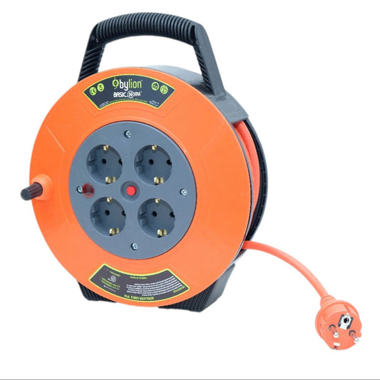 Enrollacable compacto enrollable / tambor de cable, 10m 4 tomas IP20, seguridad térmica / para niños, 3x1mm2, tipo SCHUKO, PKE-10310-F