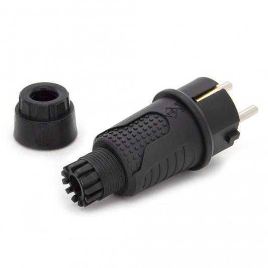 Enchufe de goma negro IP54, 250v 16a por cable, Uni-Schuko (doble toma de tierra), 2P+E, REF, Bylion