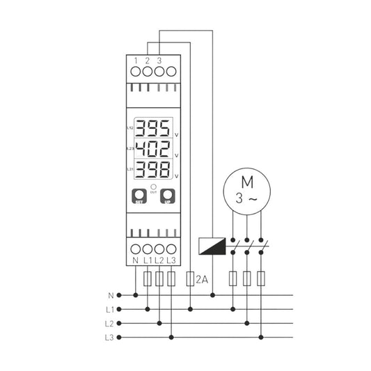 Three-phase monitoring/protection relay for overvoltage, undervoltage, and phase sequence asymmetry control