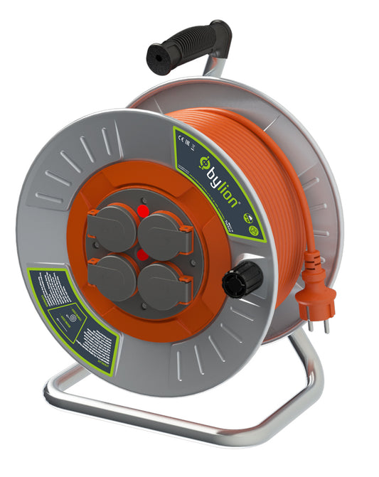 Enrollador metálico profesional con cable de cobre 3x2,5 mm2, IP44 con protección contra sobrecarga, corriente 16 A tipo Schuko con 4 tomas, longitud 50M, color del cable: naranja