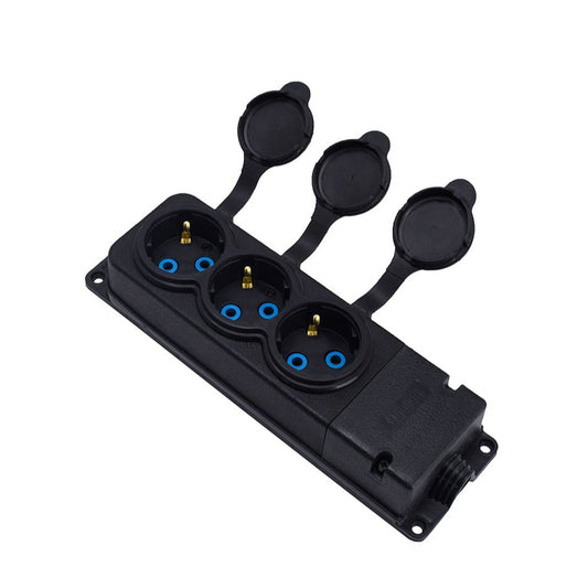 Toma triple de "goma" negra con tapa hermética IP44 250V, 16A, SCHUKO 2P+Z, 3KMP-F, Bylion