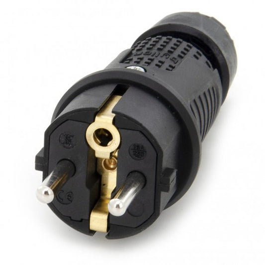 Enchufe de goma negro IP54, 250v 16a por cable, Uni-Schuko (doble toma de tierra), 2P+E, REF, Bylion