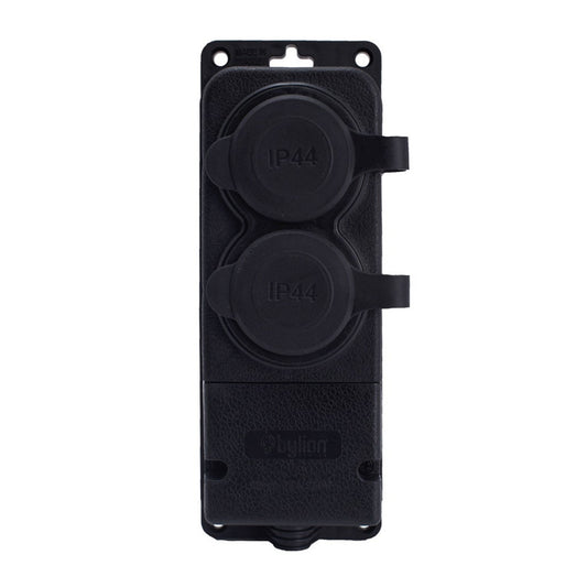 Toma doble de caucho negra hermética de superficie 250V, 16A, IP44, SCHUKO 2P+Z, 2KMP-F, Bylion