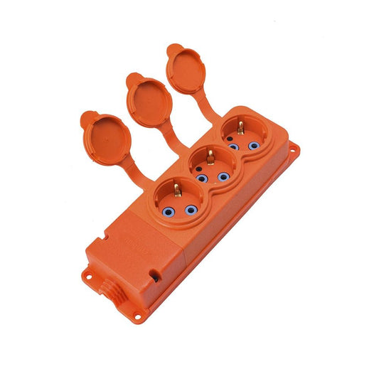 Toma triple "goma" naranja con tapa hermética IP44 250V, 16A, SCHUKO 2P+Z, 3KMP-F-O, Bylion