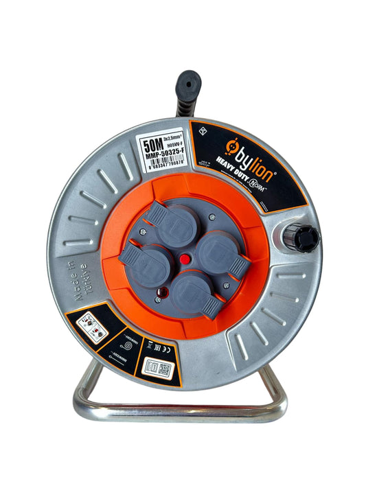 Enrollador metálico profesional con cable de cobre 3x2,5 mm2, IP44 con protección contra sobrecarga, corriente 16 A tipo Schuko con 4 tomas, longitud 50M, color del cable: naranja
