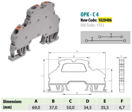 ONKA 4mm2, 2 niveles conector de resorte bloque de terminales carril DIN terminal de 4 hilos gris, 1020406