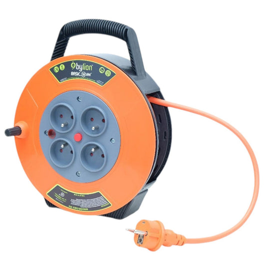 Enrollador/tambor de cable retráctil compacto, 10 m de cable con 4 tomas IP20 + fusible térmico