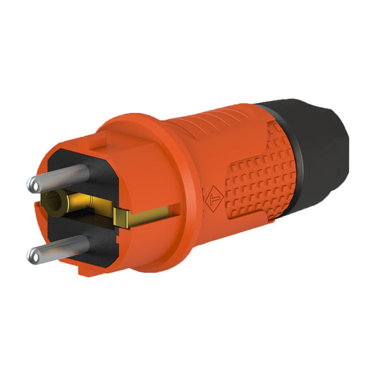 Enchufe de goma naranja IP54, para cable, doble masa, 2P+Z, REF-O , 16 amperios 250 voltios, fabricante Bylion