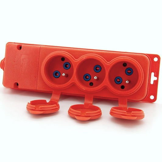 Toma 3x, tipo francés E, toma triple "caucho" naranja con tapa hermética IP44 250V, 16A, 2P+Z, 3KMP-E-O, Bylion