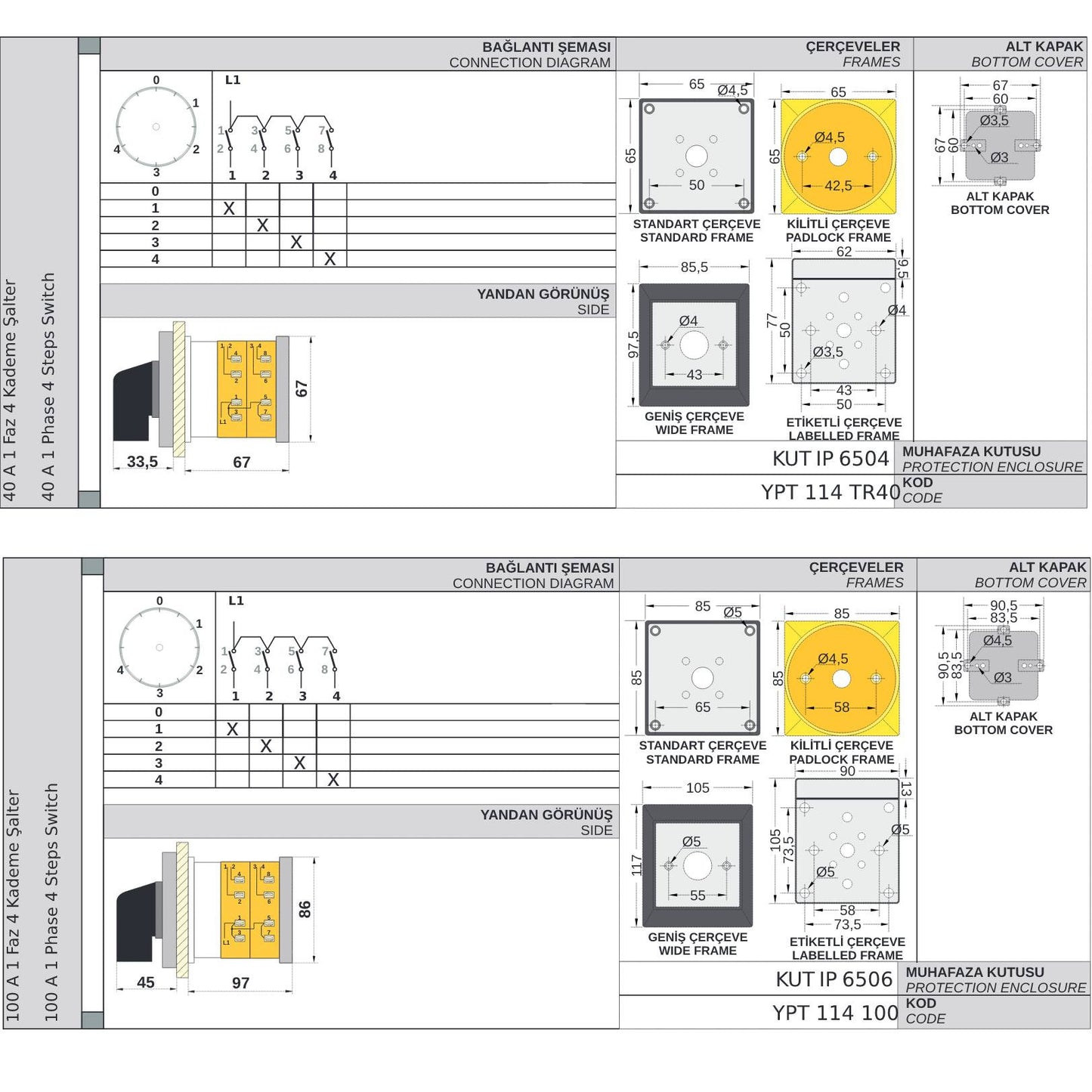 Interruptor escalonado 0-1-2-3-4 grados interruptor giratorio, 1-2 polos, 10-160A