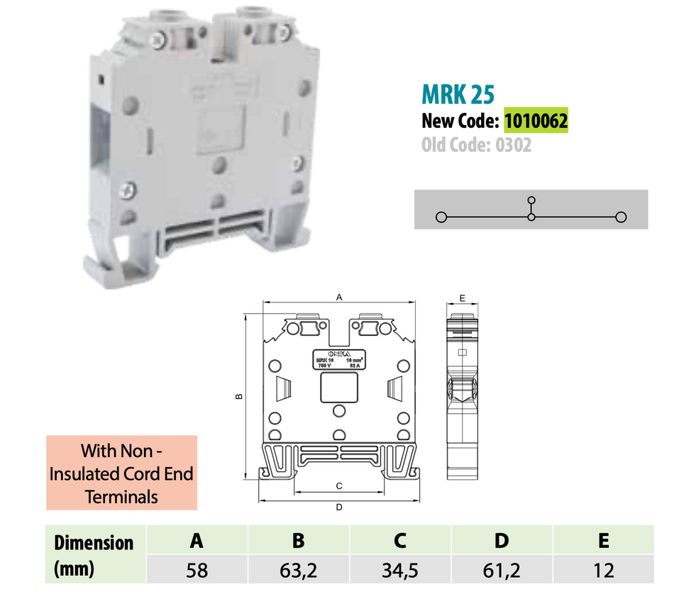 ONKA 25mm2 Conector de riel atornillado terminal en riel DIN 2-conductor gris, 1010062